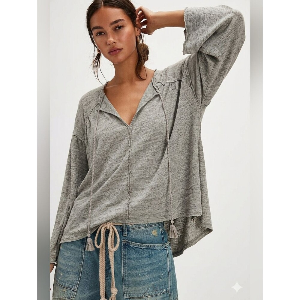 Free People We the Free Just a Henley Oversized Boho Grey Tunic Shirt Tee Small
